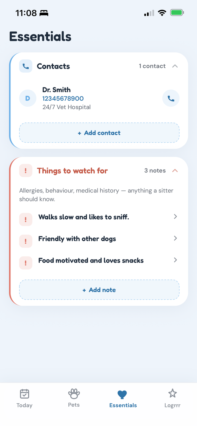 PetLogrrr Essentials screen
